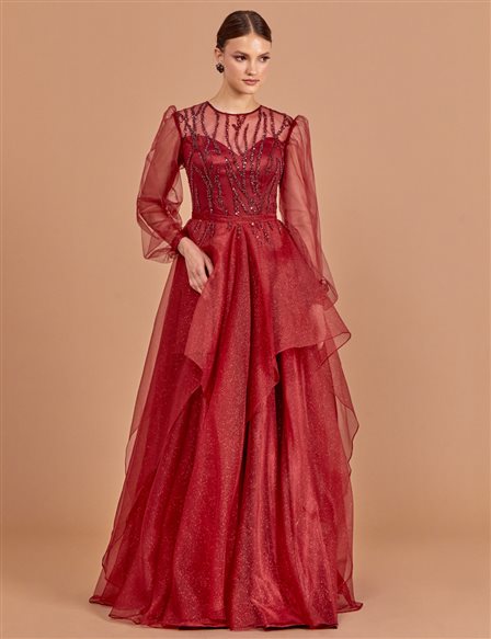 Sequined Tulle Covered Evening Dress Burgundy