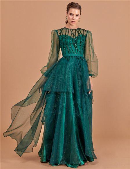 Sequined Tulle Covered Evening Dress Emerald
