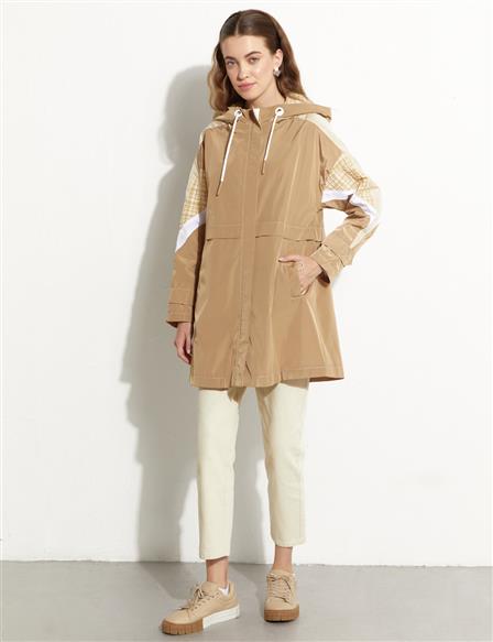 Pieced Hooded Trench Coat Beige