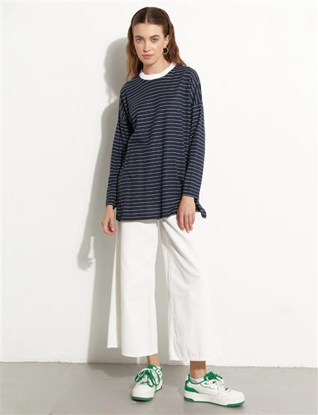 Striped Ribbed Collar Sweat Navy