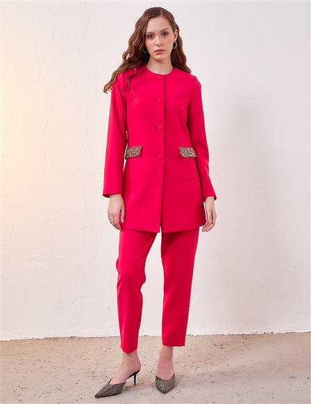 Stone Embroidered Double Suit Cherry