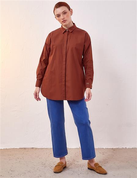 Hidden Placket Basic Tunic Red Brown