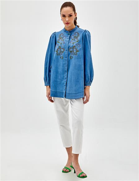 Embroidered Tencel Shirt Blue