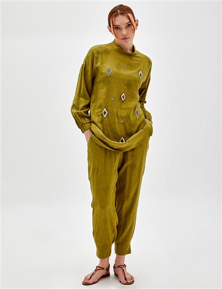 Sequin Embroidered Double Suit Khaki