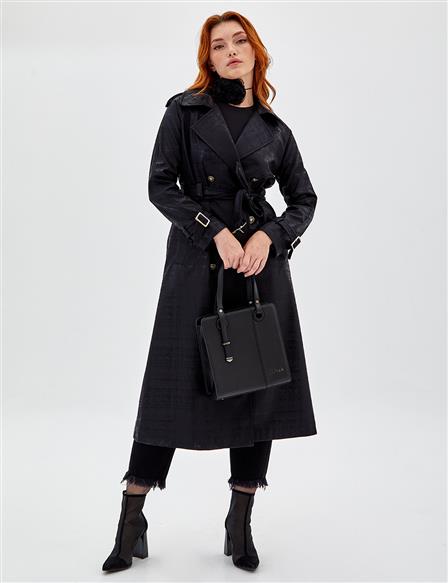 Jacquard Double Breasted Trench Coat Black