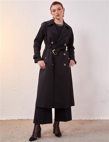 Bone Button Belted Trench Coat Black