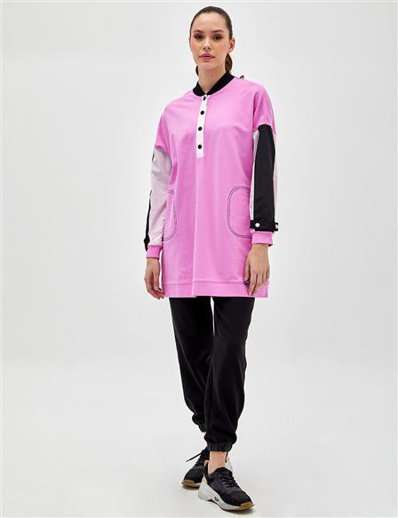Parçalı Ribanalı Sweatshirt Şeker Pembe
