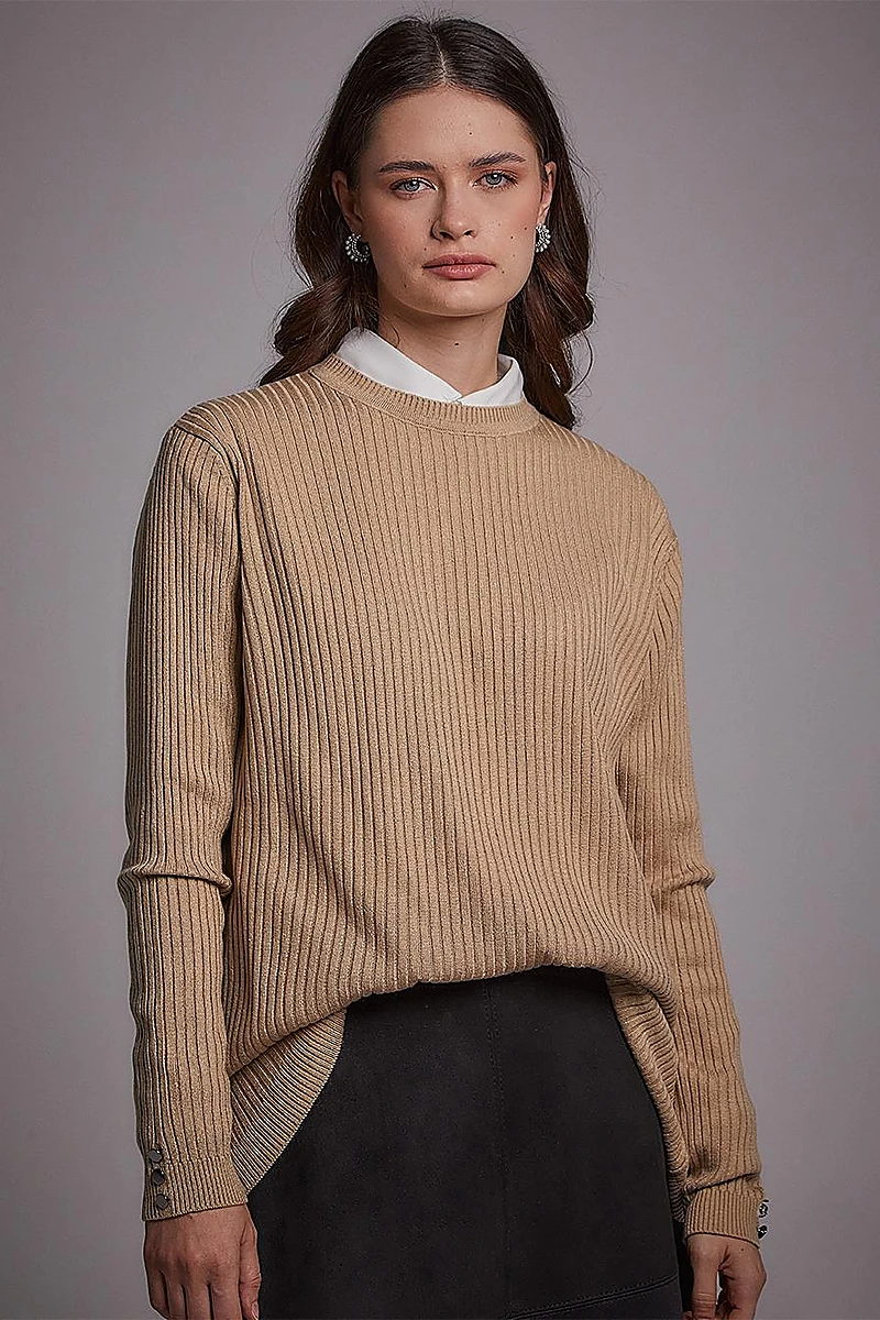 Zero Collar Ribbed Knitted Sweater Stone