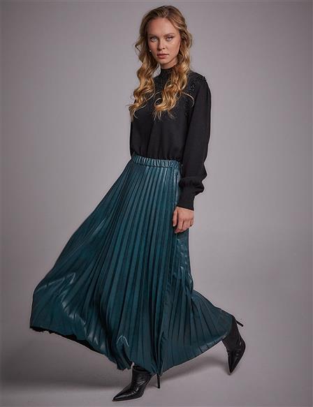 Leather Look Pleat Skirt Green