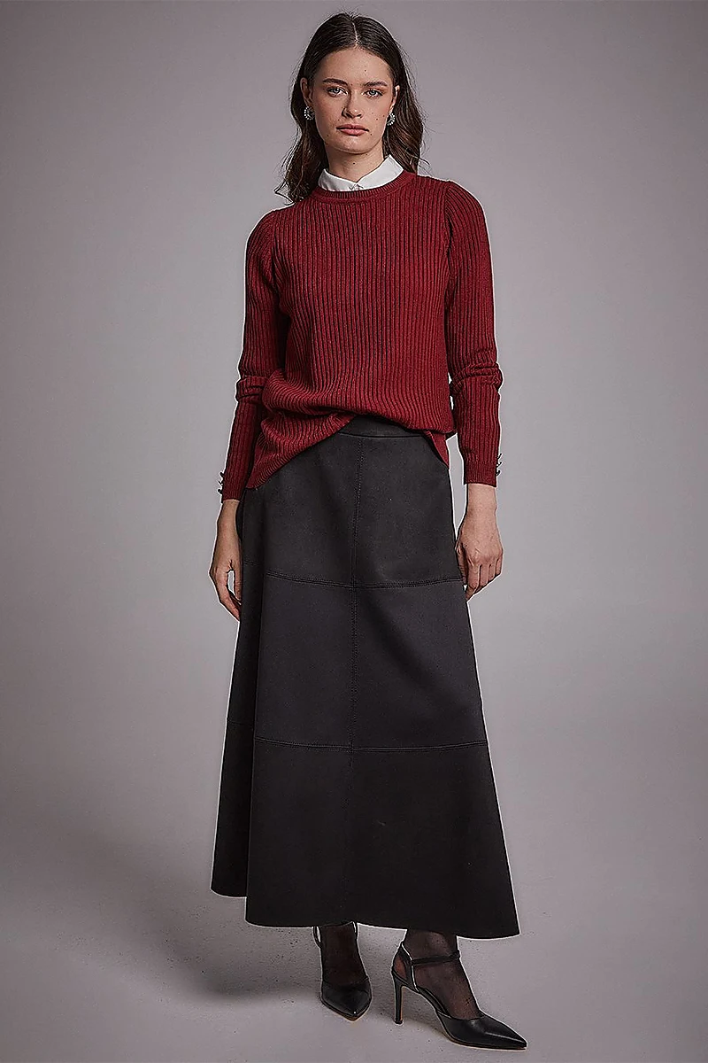 Zero Collar Ribbed Knitted Sweater Burgundy