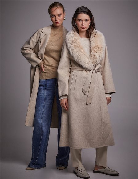 Premium Wool Removable Fur Coat Cream