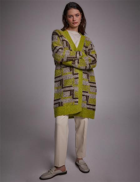 Abstract Patterned Knitwear Cardigan Beige-Green