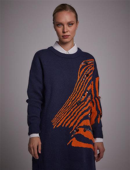 Exclusive Animal Print Knitwear Tunic Navy-Orange