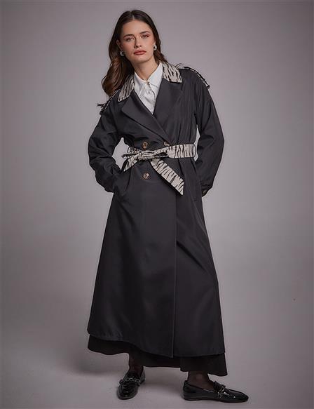 Maxi Trench Coat with Animal Print Details Black