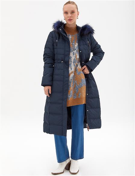 Goose Feather Filled Long Coat Navy