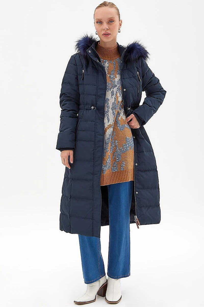 Goose Feather Filled Long Coat Navy