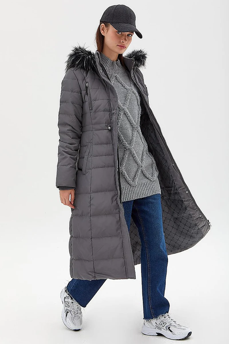 Goose Feather Filled Long Coat Anthracite