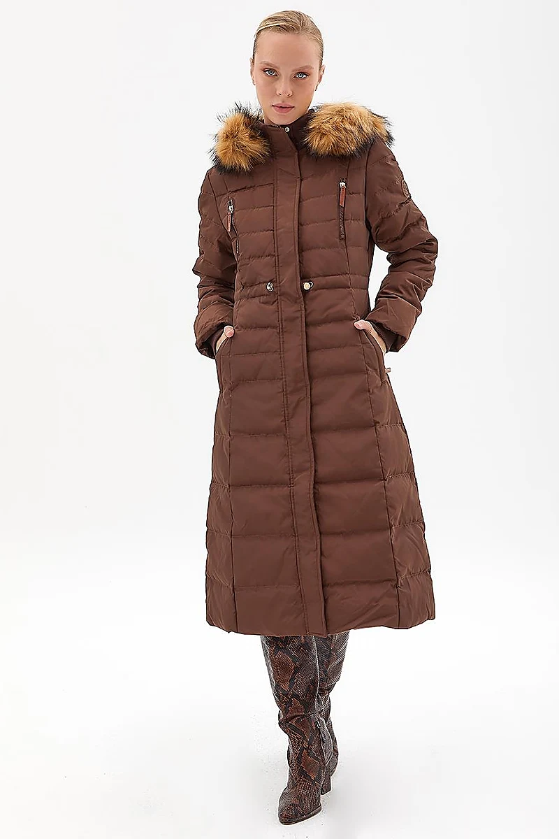 Goose Feather Filled Long Coat Brown