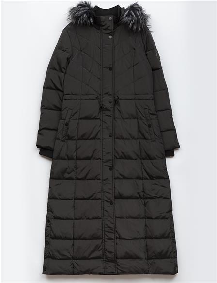 Quilted Goose Feather Hooded Fur Coat Black