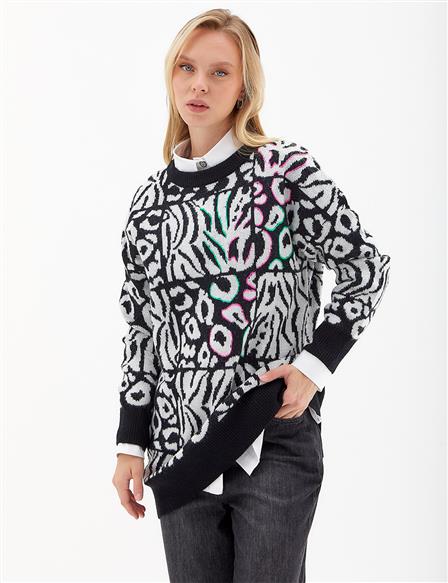 Exclusive Soyut Desenli Triko Tunik Siyah-Optik Beyaz