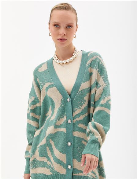 Exclusive Buttoned Zebra Pattern Knitwear Cardigan Moss Green Cream