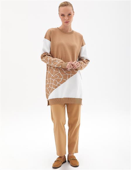 Marble Pattern Crew Neck Knitwear Tunic Beige-Ecru