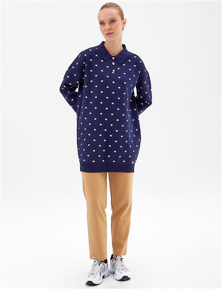 Collared Polka Dot Knitwear Tunic Navy Blue-Beige