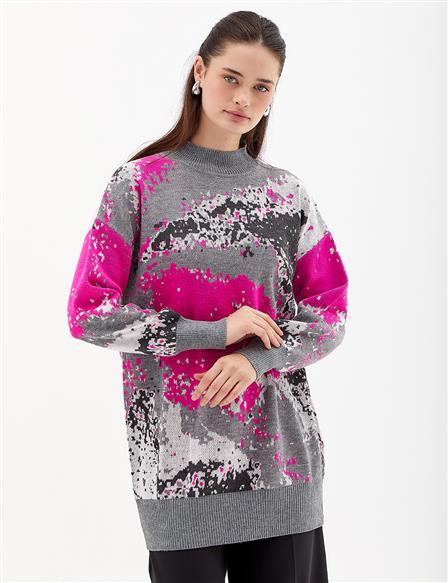 Exclusive Abstract Pattern Knitwear Tunic Gray