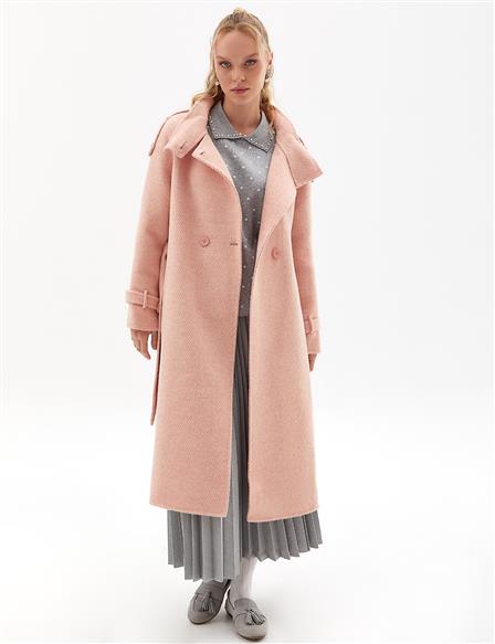 Premium Wool Herringbone Pattern Coat Powder