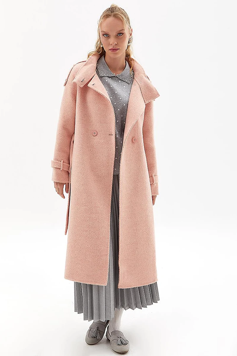 Premium Wool Herringbone Pattern Coat Powder