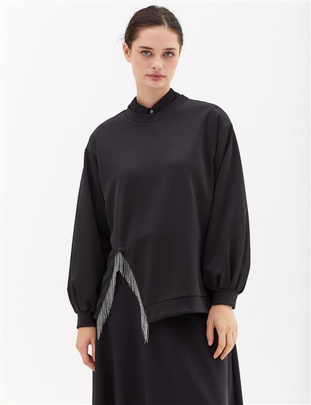 Slit Fringe Detailed Sweatshirt Black