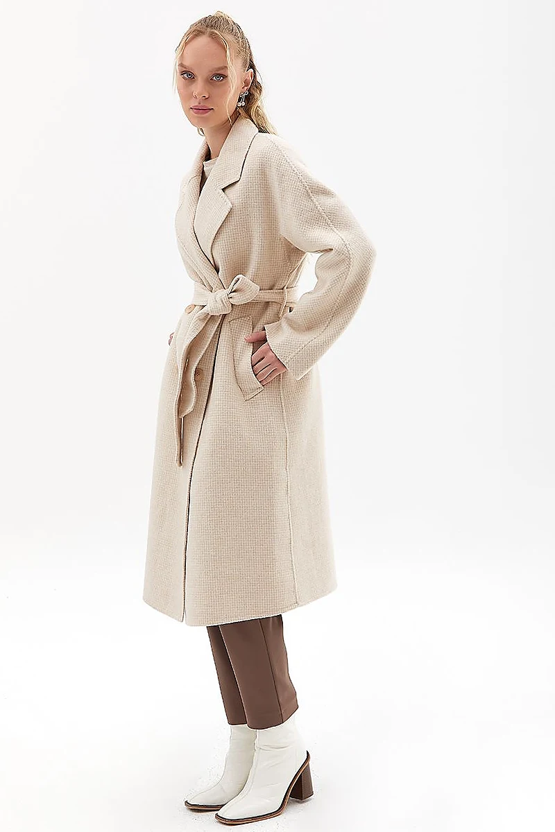 Premium Wool Men's Collar Belted Coat Cream