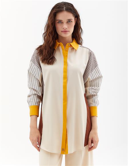 Concealed Button Fabric Mix Tunic Cream