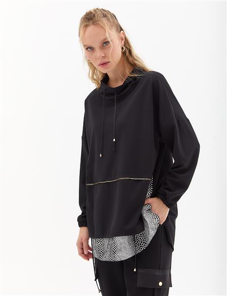 Chain Detail Lace-up High Collar Tunic Black