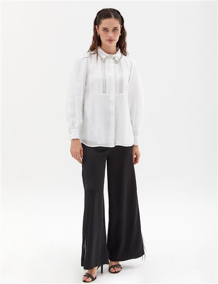 Boncuk İşkemeli Dikiş Detaylı Bluz Optik Beyaz