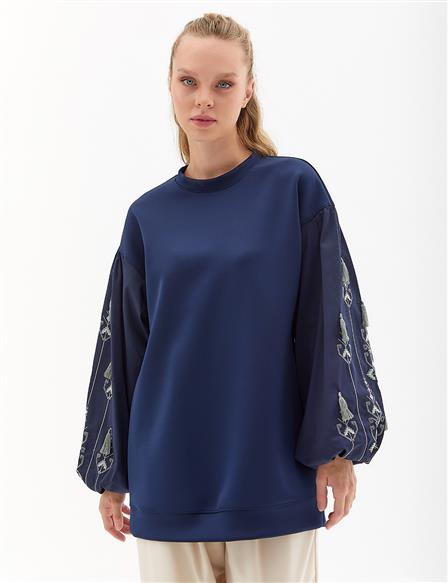 Etamine Embroidered Balloon Sleeve Sweatshirt Navy Blue