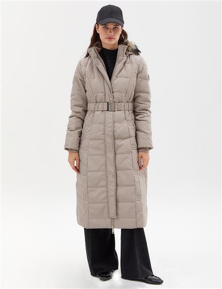 Goose Feather Filled Belted Coat Stone