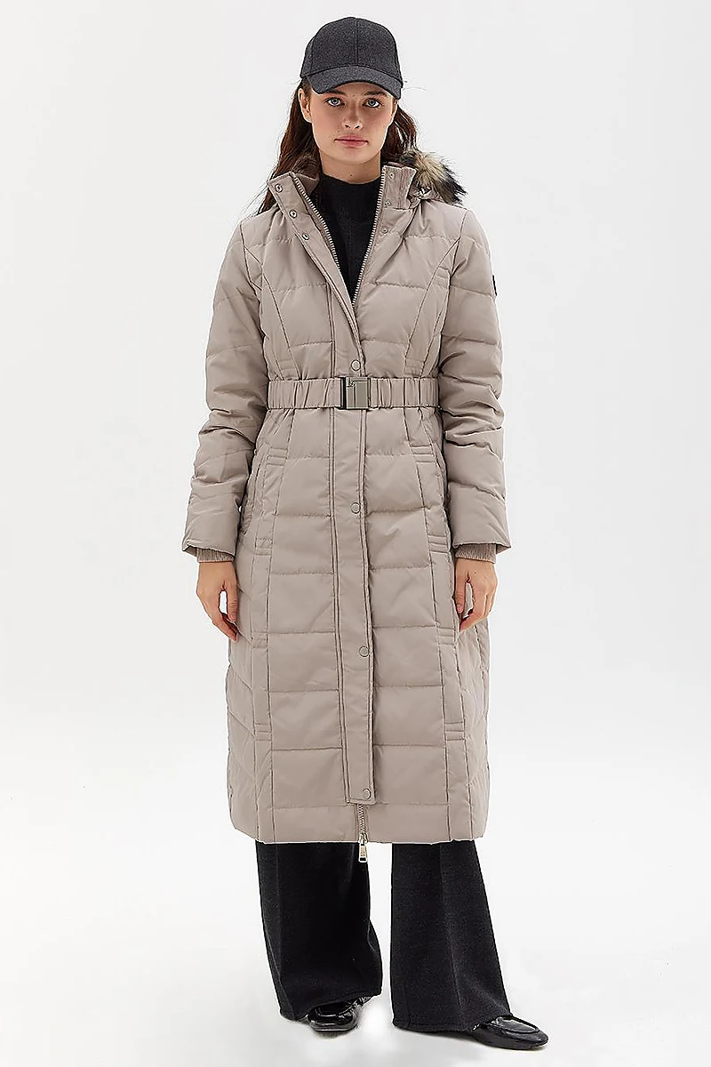 Goose Feather Filled Belted Coat Stone