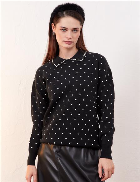 Polka Dot Bead Embroidered Knitwear Blouse Black Optical White