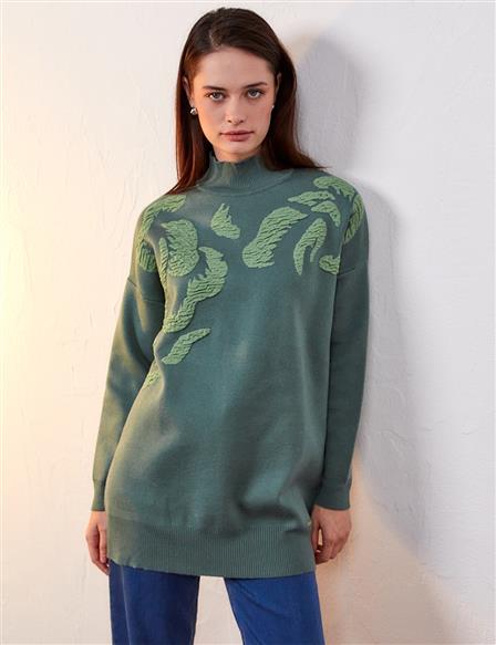 Abstract Patterned Turtleneck Knitwear Tunic Mold Green 