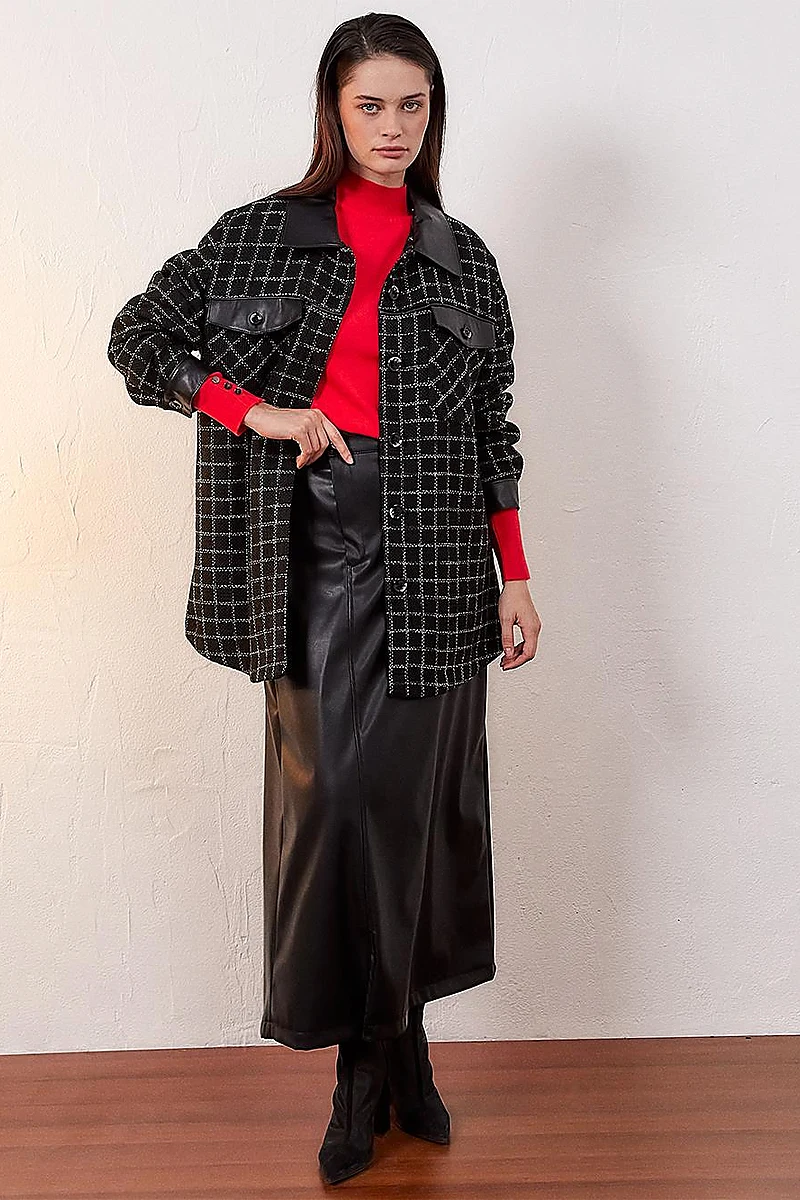 Checkered Faux Leather Detailed Jacket Black