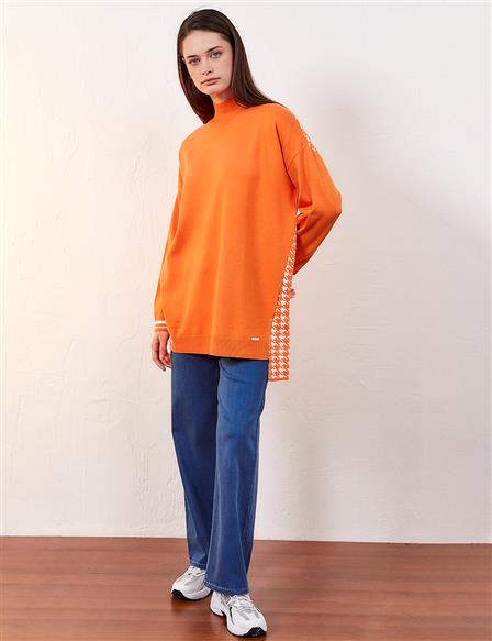 Houndstooth Patterned Knitwear Tunic Orange