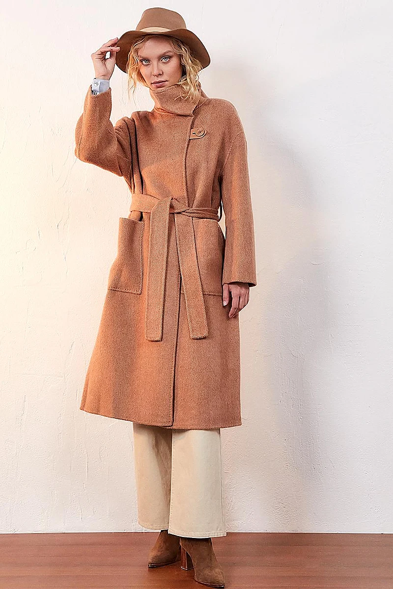 Premium Wool Double Pocket Double Breasted Coat Camel