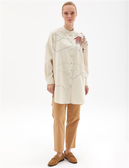 Patterned Contrast Stitched Collar Shirt Cream