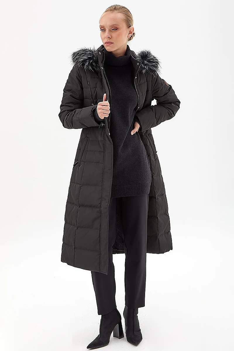 Goose Feather Filled Long Coat Black