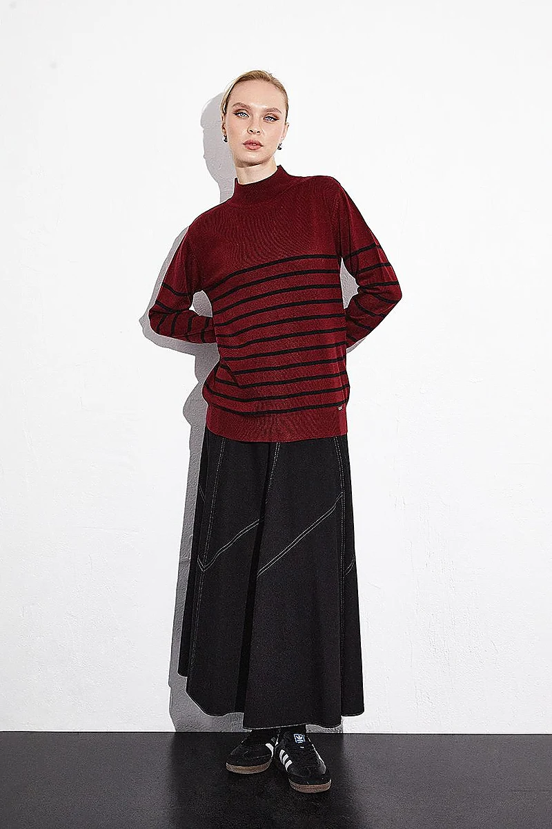 Turtleneck Striped Knitwear Sweater Claret Red Black