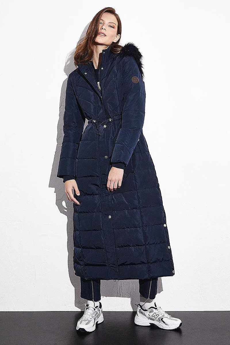 Navy Blue Long Goose Down Puffer Coat with Drawstring Waist
