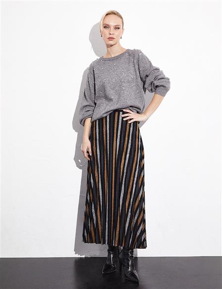 Striped Pleated Skirt Black Brown