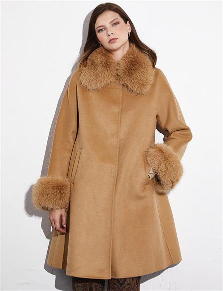 Premium Wool Faux Fur Coat Camel