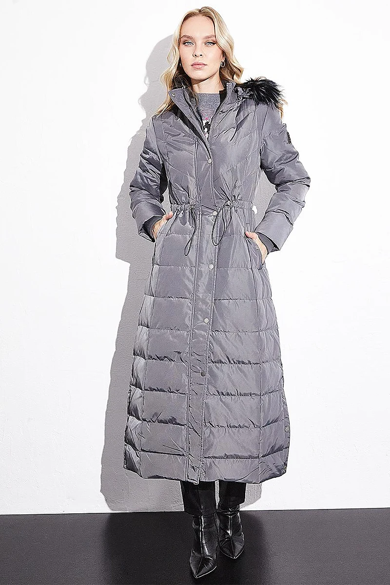 Smoked Long Goose Down Puffer Coat with Drawstring Waist